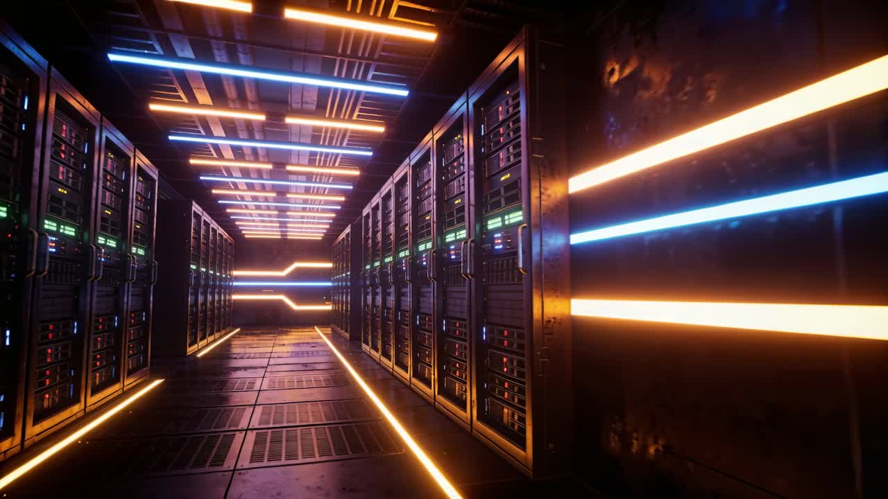 Fremadskridende kamera afslører højteknologisk serverkorridor med serverreoler, blinkende LED'er og neonbelysning.