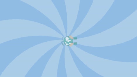 animation of earth day and hand holding globe on spiral blue background