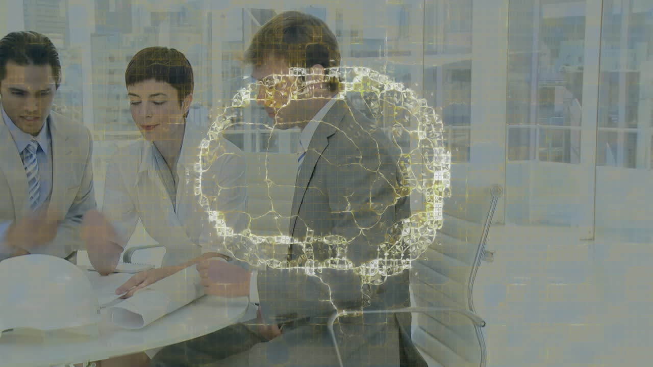 animación del cerebro y formas sobre los hombres de negocios caucásicos en la oficina.