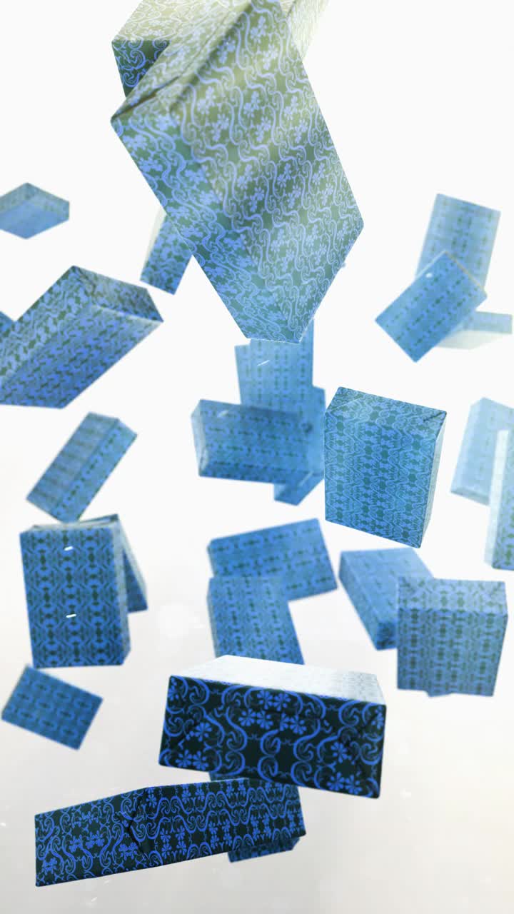 Blue and Green Patterned Gift Boxes Falling and Opening with Light