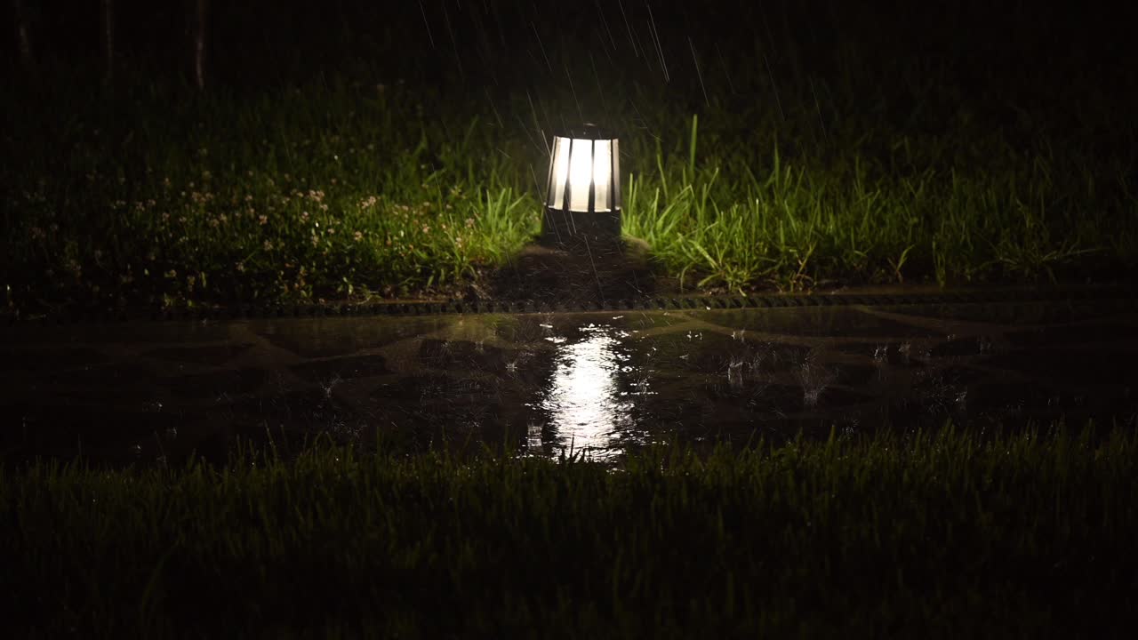 4k: gotas de lluvia cayendo en el jardín luz del suelo durante una noche lluviosa en georgia