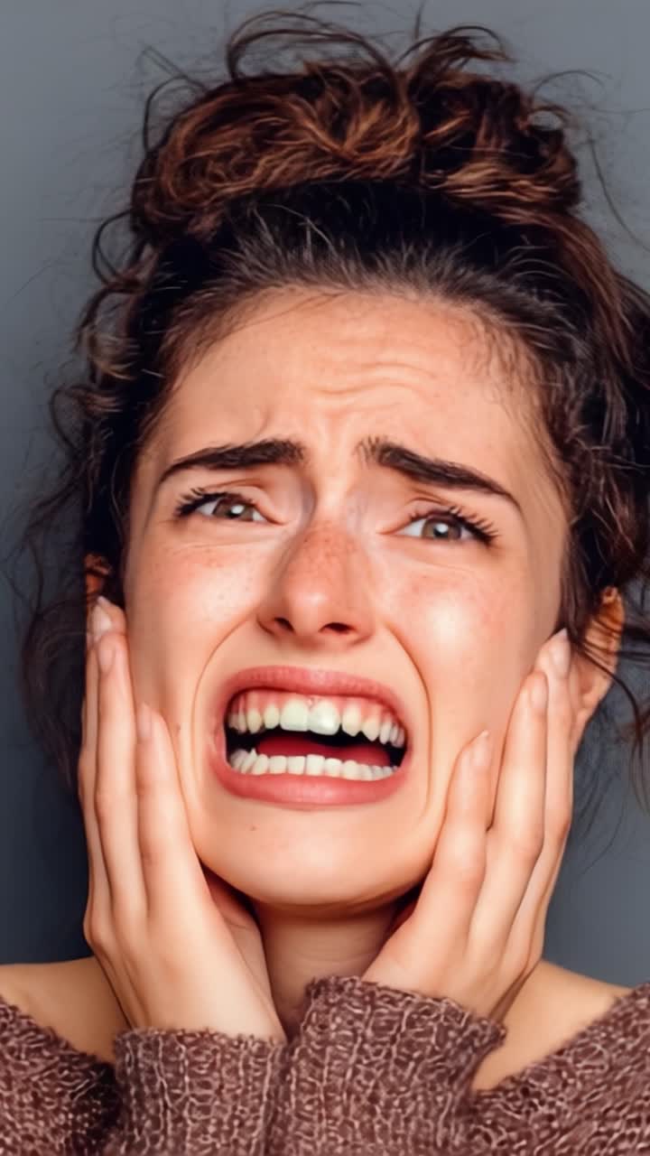 Uma Transformação Visual Impactante Capturando Emoção Crua: Uma Jovem Expressa Angústia em uma Série de Quadros Destacando Sua Ansiedade e Medo em um Momento Intenso