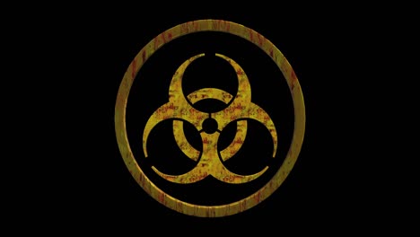 rusted yellow painted metal biohazard sign spinning. seamless loop animation with alpha channel