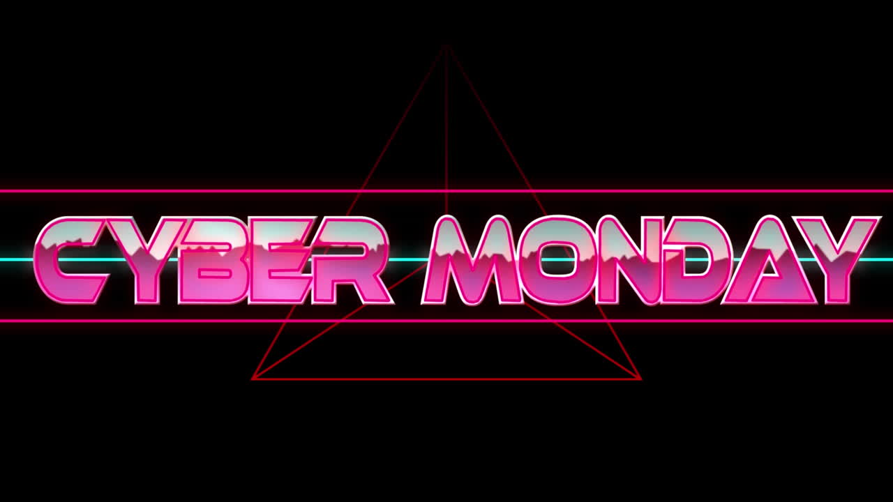 animación del texto del lunes cibernético en letras metálicas rosadas sobre líneas de neón en negro