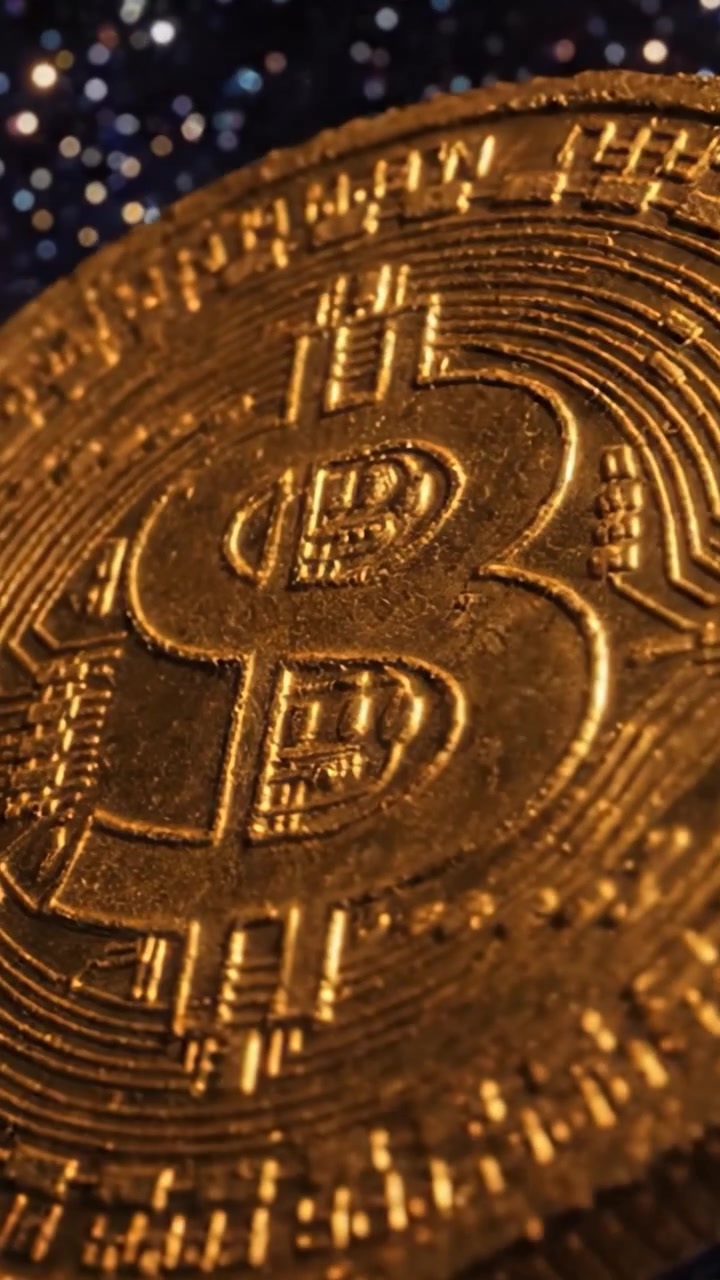 Um close-up artístico de uma moeda dourada com o icônico símbolo do dólar em meio a um fundo cósmico, representando criptomoeda e riqueza digital.