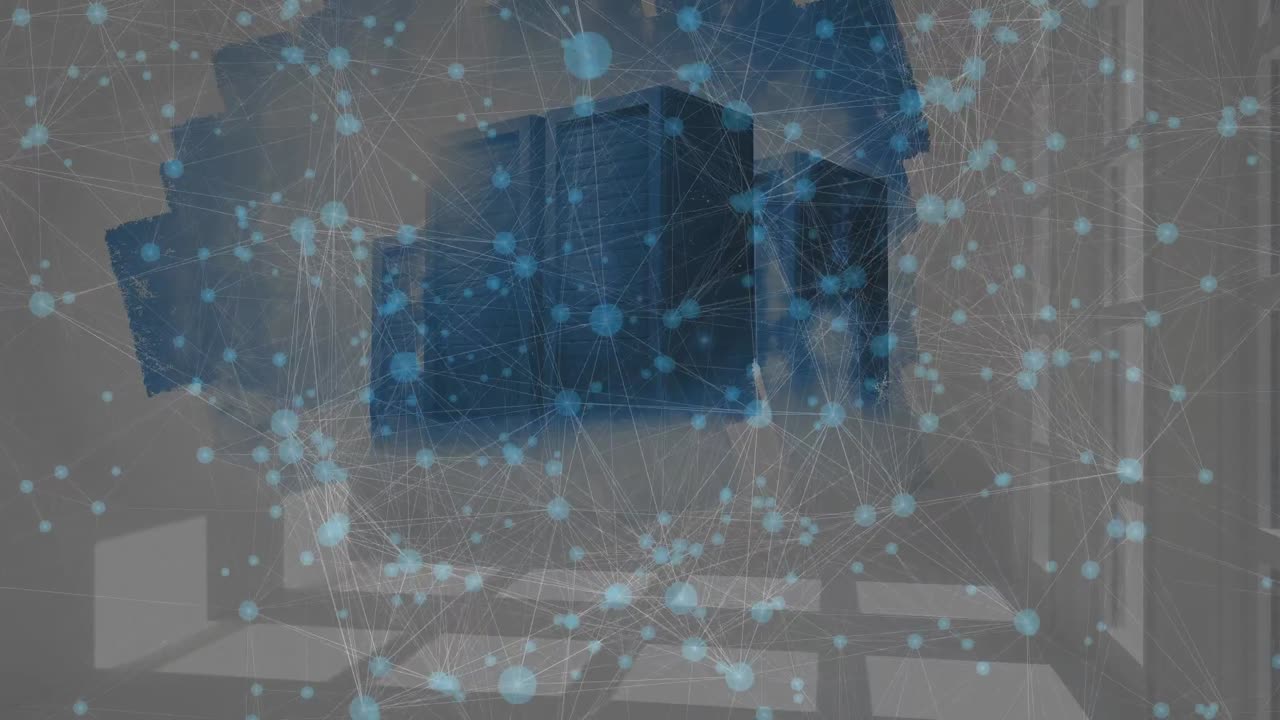 Animation of network of connections over servers and white background