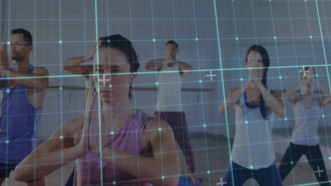 Yoga group entering fitness session moving overhead to chest prayer for grid tracking alignment