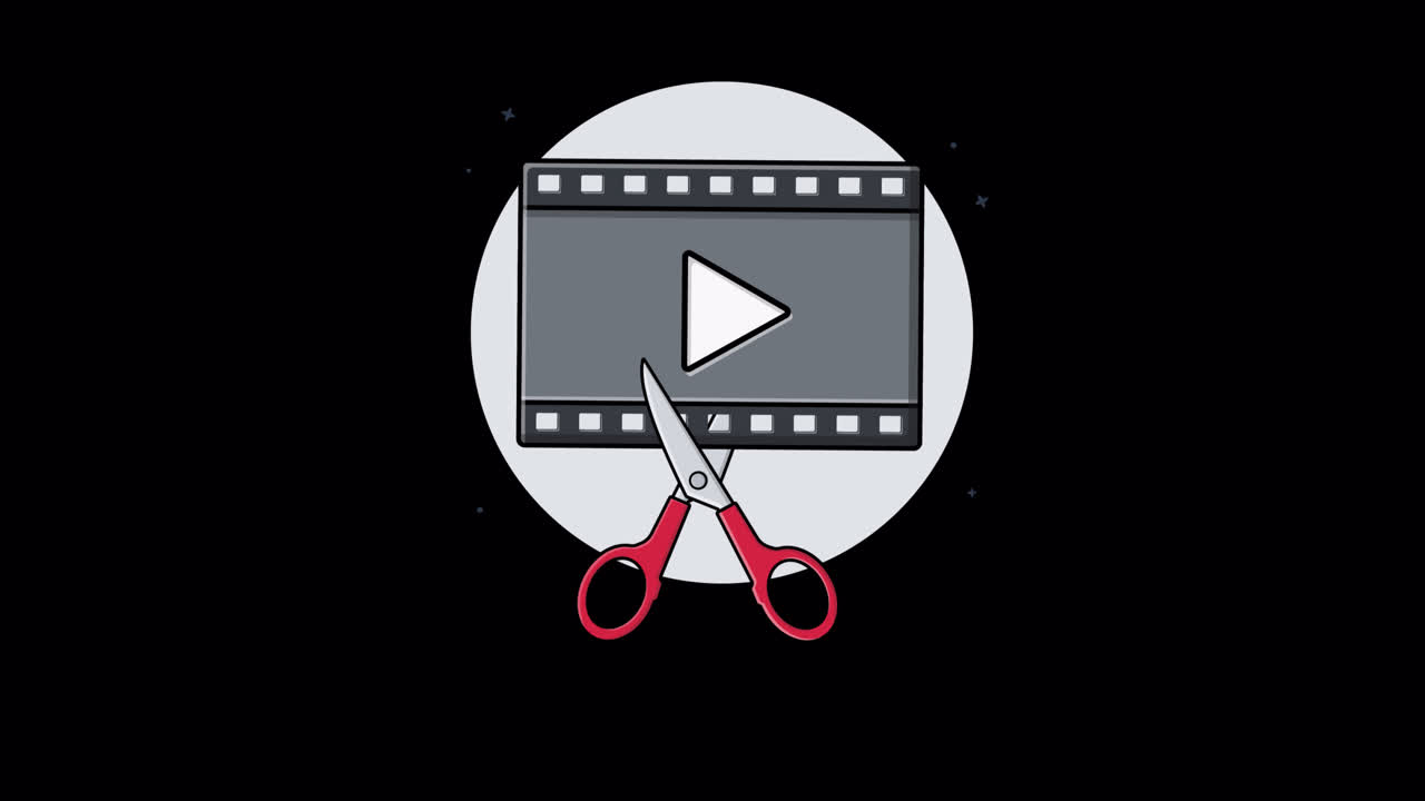 Animowana ikona nożyczek przecinających taśmę filmową do edycji wideo