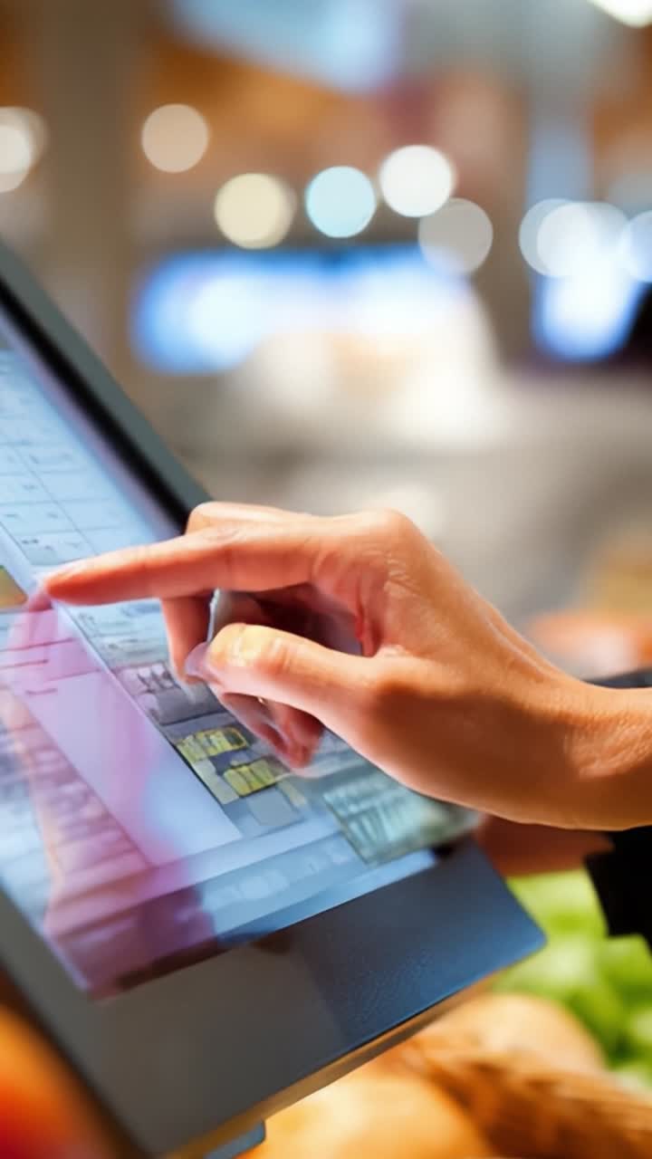 A close-up of a user interacting with a touchscreen display at a modern point-of-sale terminal, highlighting the ease of navigation and user-friendly interface