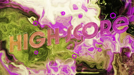 animation of text high score, in pink and orange, over swirling green and white background