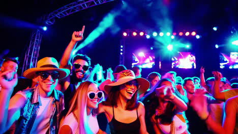 happy young people dancing at a vibrant music concert or festival