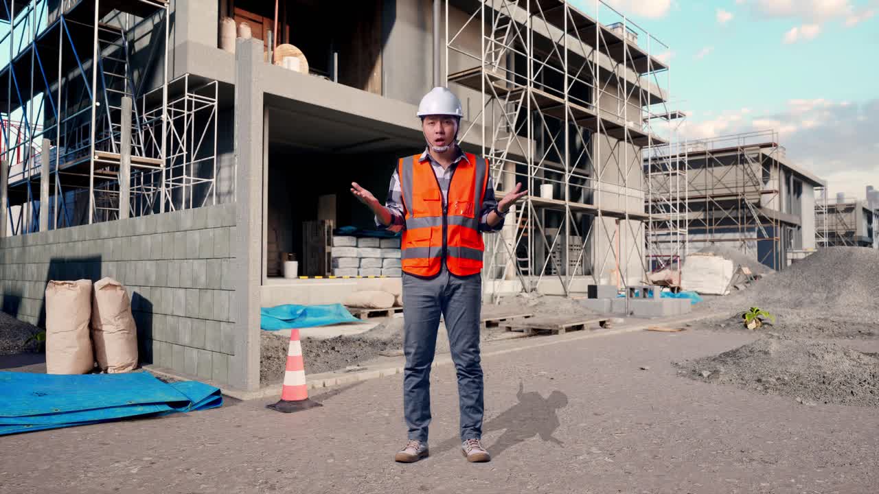 Full Body Of Wondering Asian Male Engineer With Safety Helmet Saying Why Working Doubtfully At Building & Construction Site in Progress to New House