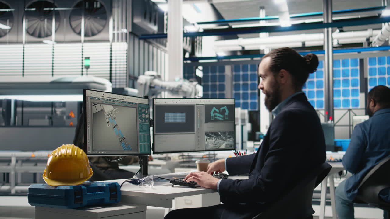 Engineer working on computer design in manufacturing factory