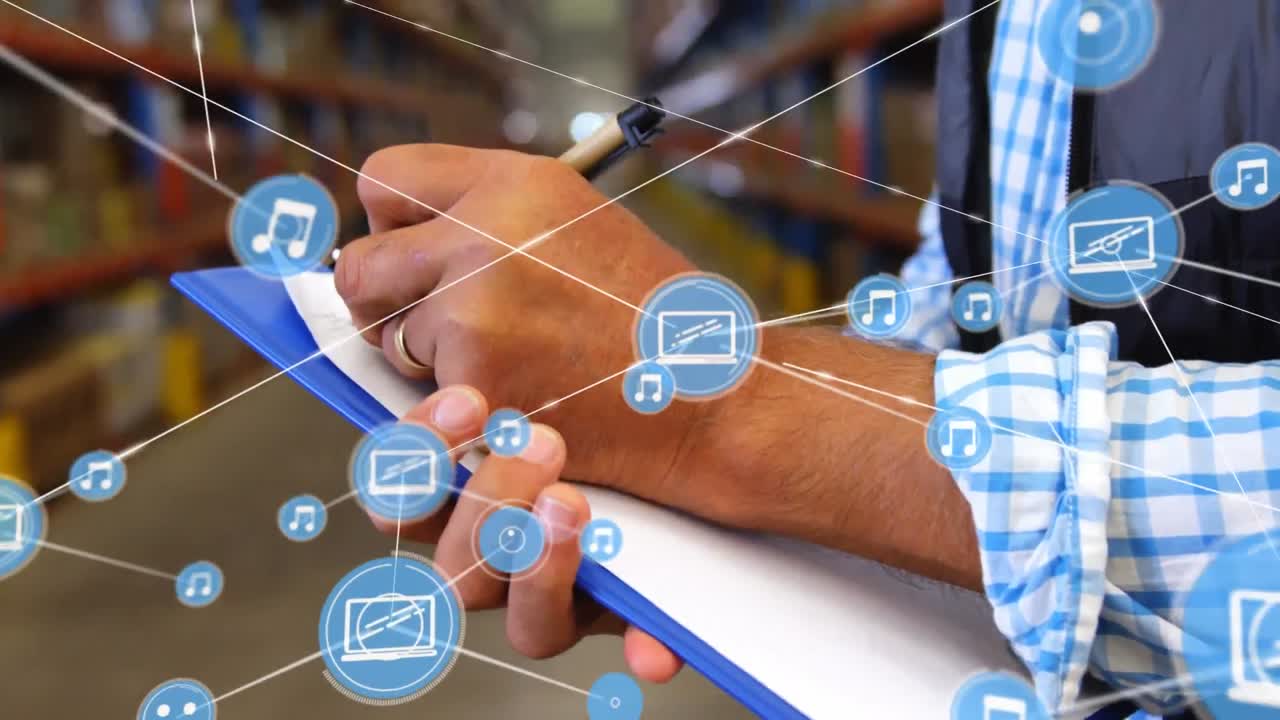 animación de la red de conexiones sobre el hombre escribiendo en el clipboard en el almacén