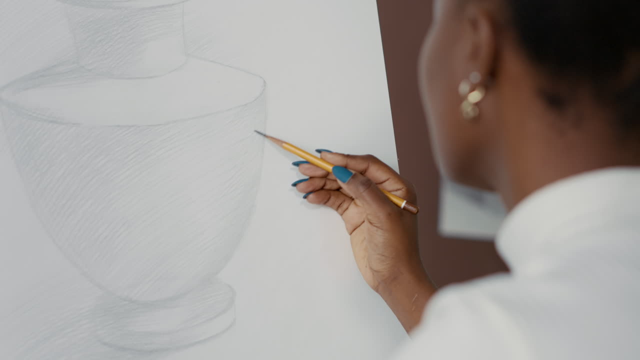 Young student drawing vase design on white canvas and easel