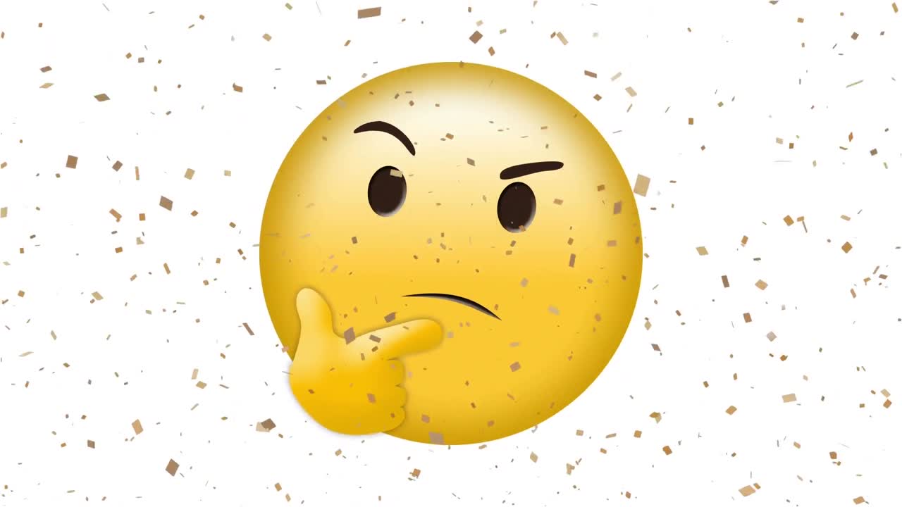 Animation af tænkende emoji-ikon over faldende konfetti
