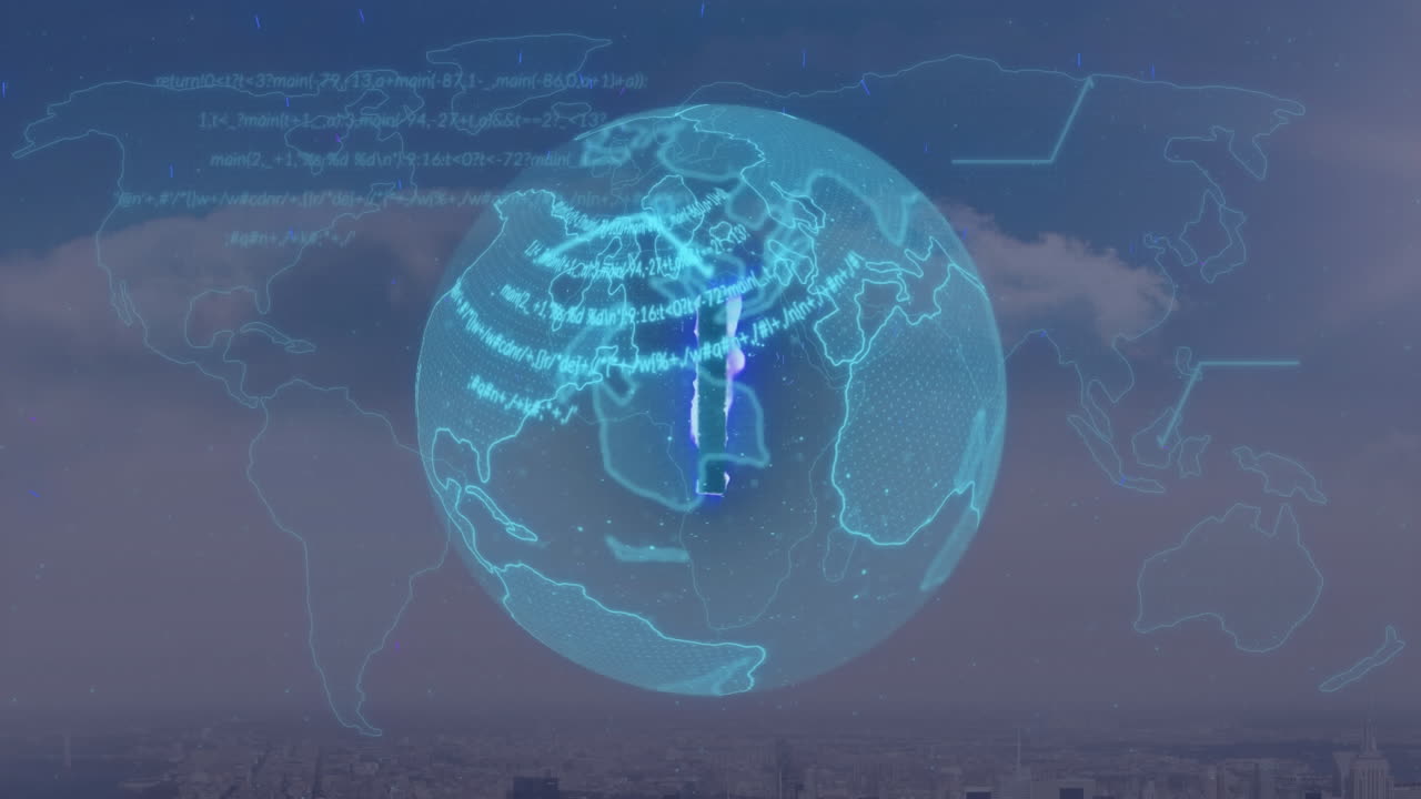 회전하는 지구와 하늘의 구름에 대한 세계 지도에 대한 데이터 처리 애니메이션