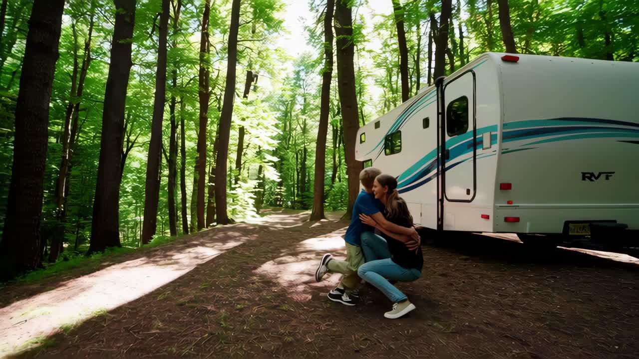 Family camping trip with RV in the forest