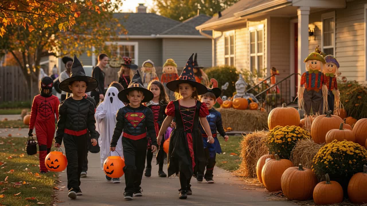 A Vibrant Halloween Celebration: Children Dressed in Costumes Walk Through a Neighborhood Decorated with Pumpkins and Festive Scarecrows, Embracing the Spirit of Trick or Treating