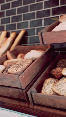 freshly baked bread in wooden crates at a bakery