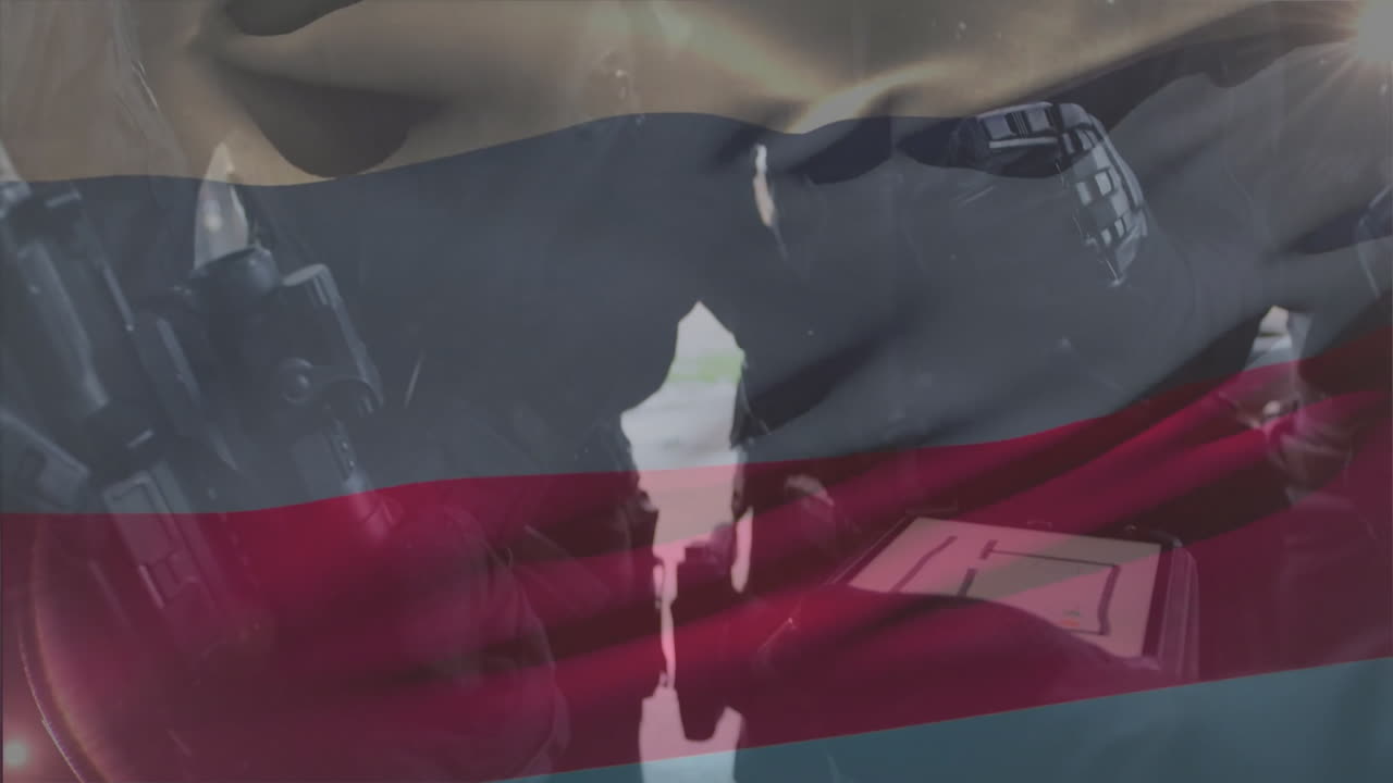 Examining equipment, military personnel with animation overlaid in Russian flag colors