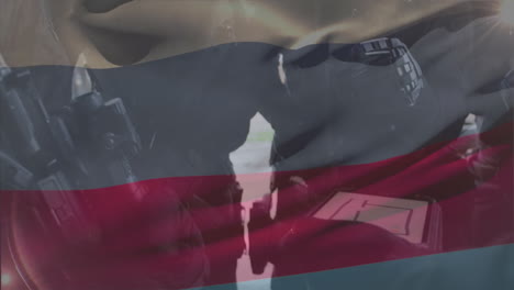 examining equipment, military personnel with animation overlaid in russian flag colors