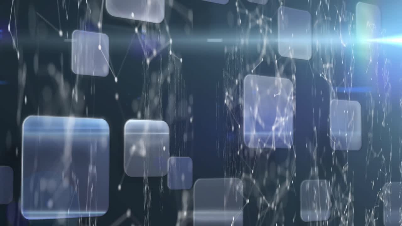 animación de iconos y procesamiento de datos sobre pantallas con fondo oscuro.