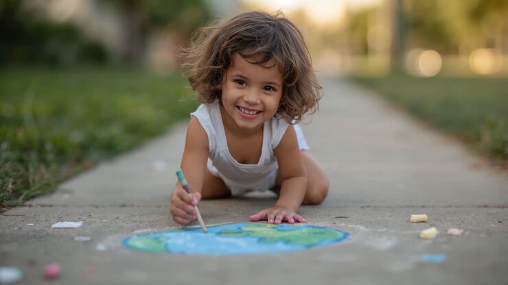 Bambino che disegna la Terra con un gessetto sul marciapiede