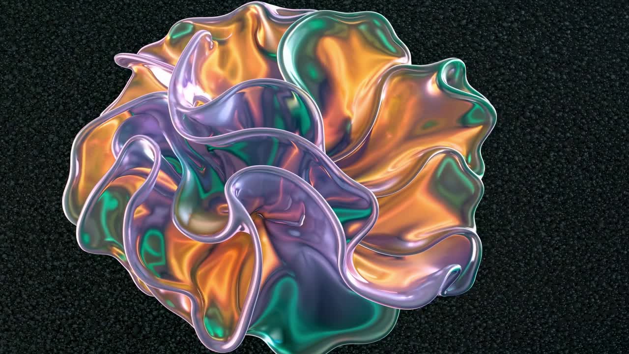 Metallic blossom gleaming with iridescent hues emerging against gritty black backdrop, revealing delicate organic shape amid harsh surface contrasts