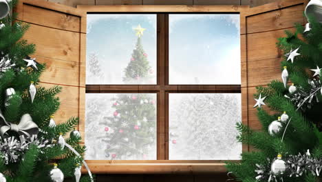 Animation of christmas tree and window over winter landscape
