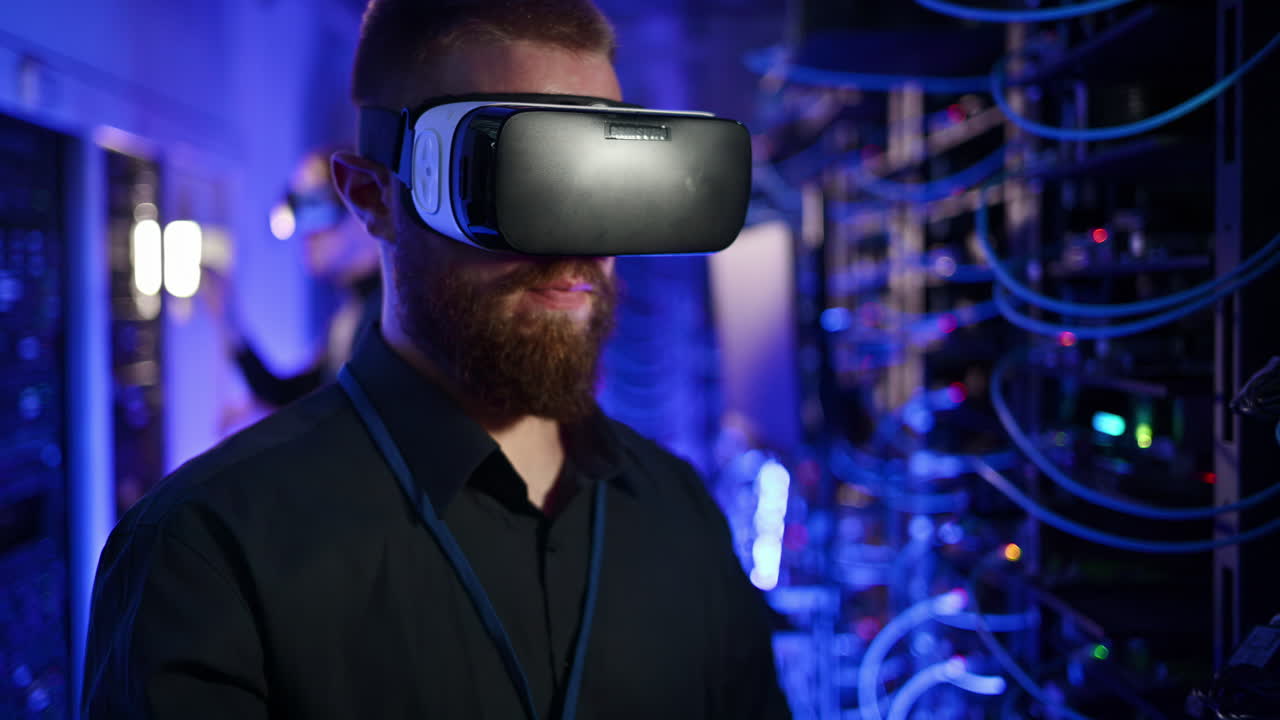 Men using Virtual Reality headset in a server room