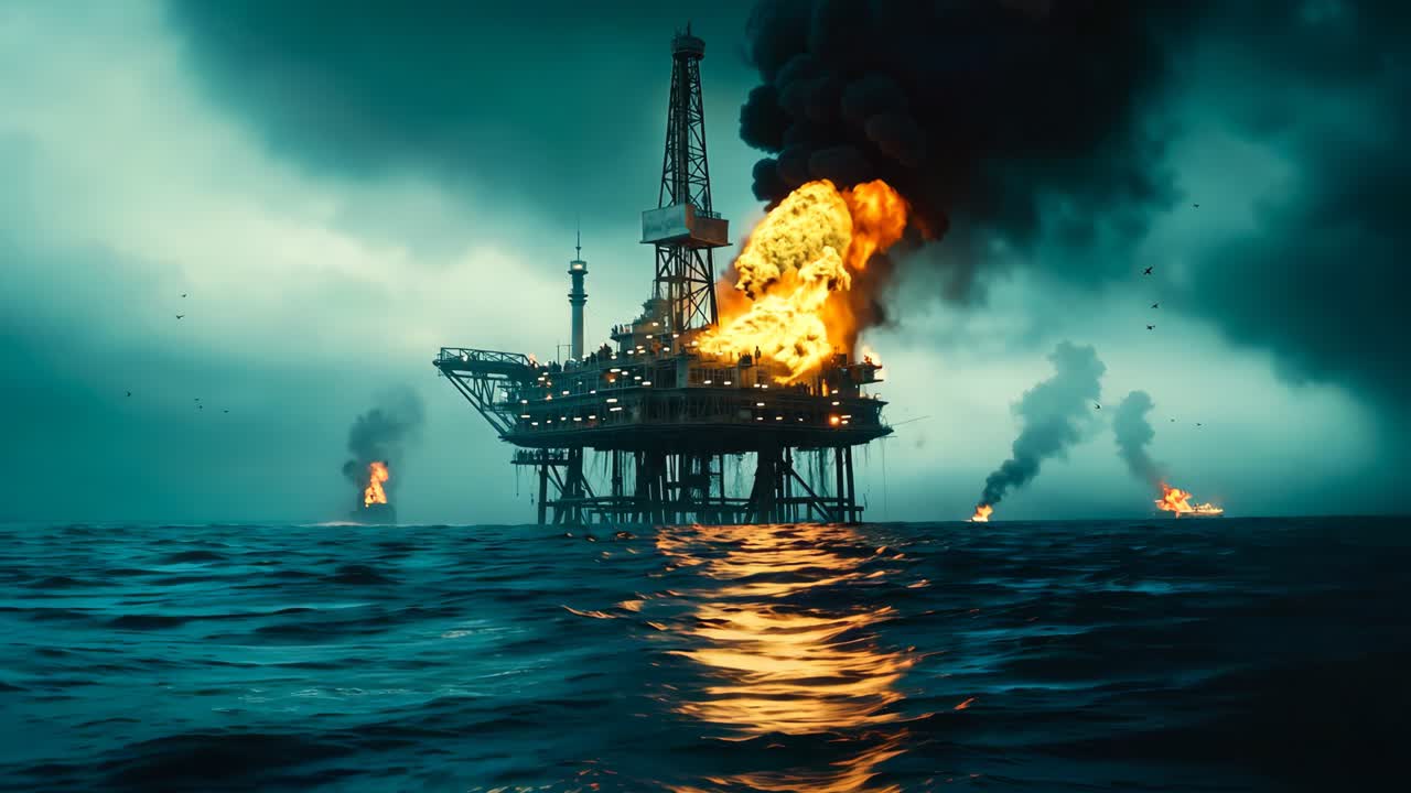 En olieplatform midt ude på havet med røg, der vælter ud af den