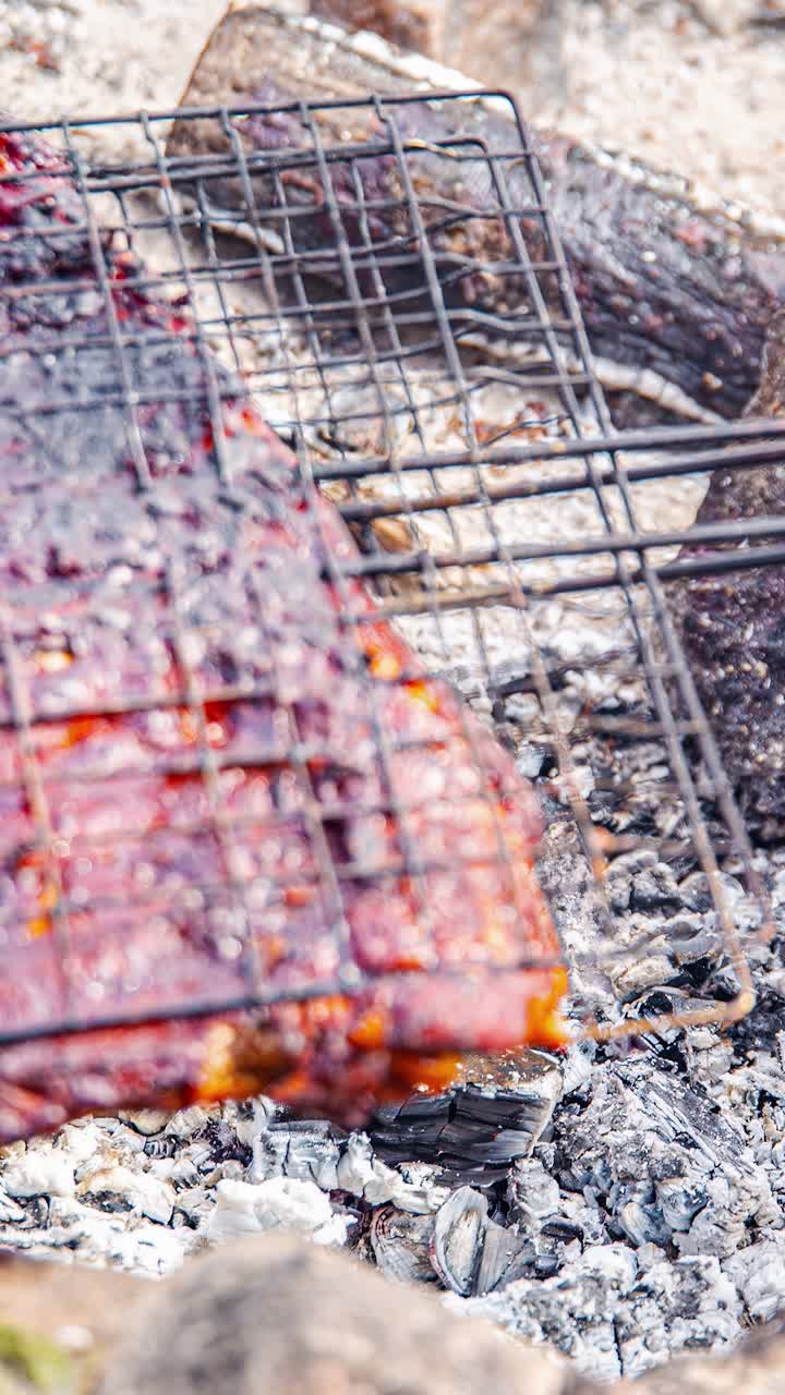 Meat grilling over charcoal, sizzling with smoke, outdoor cooking joy