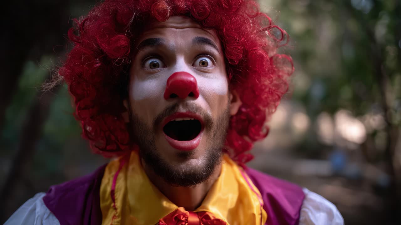 A surprised clown showcases a mix of emotion as he engages with the camera in a vibrant outdoor setting, highlighting his colorful attire and joyful expression