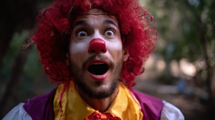 Un clown sorpreso mostra un mix di emozioni mentre interagisce con la fotocamera in un vivace ambiente esterno, mettendo in risalto il suo abbigliamento colorato e l'espressione gioiosa