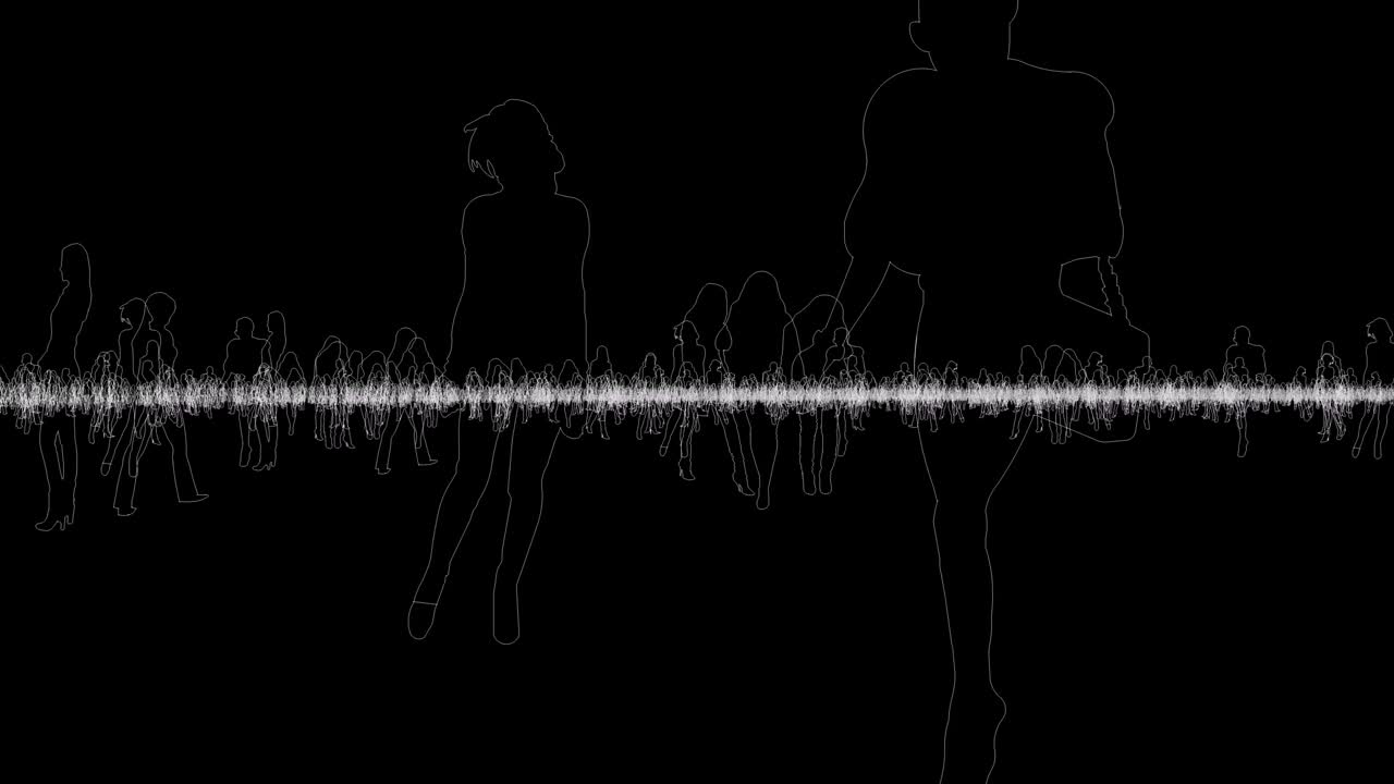 검은색 배경에 있는 인간들의 다양한 윤, 카메라가 수평으로 움직인다.