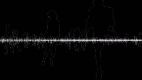 various outlines of human beings on black background. the camera moving horizontally.