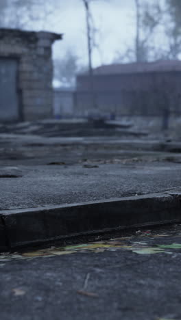 abandoned ruins in a foggy, war-torn area