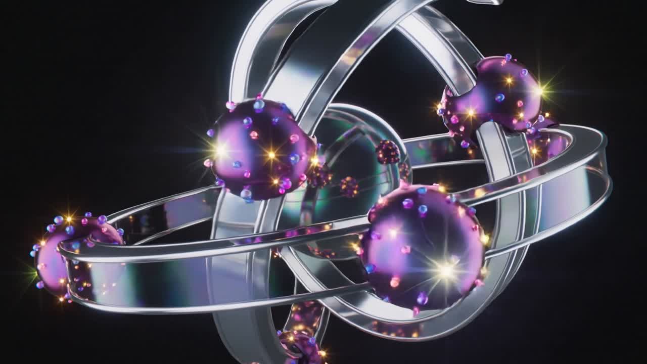 Scultura di anelli cromati rotanti in movimento in studio, che si inclina rivelando un nucleo specchiato con sfere viola.
