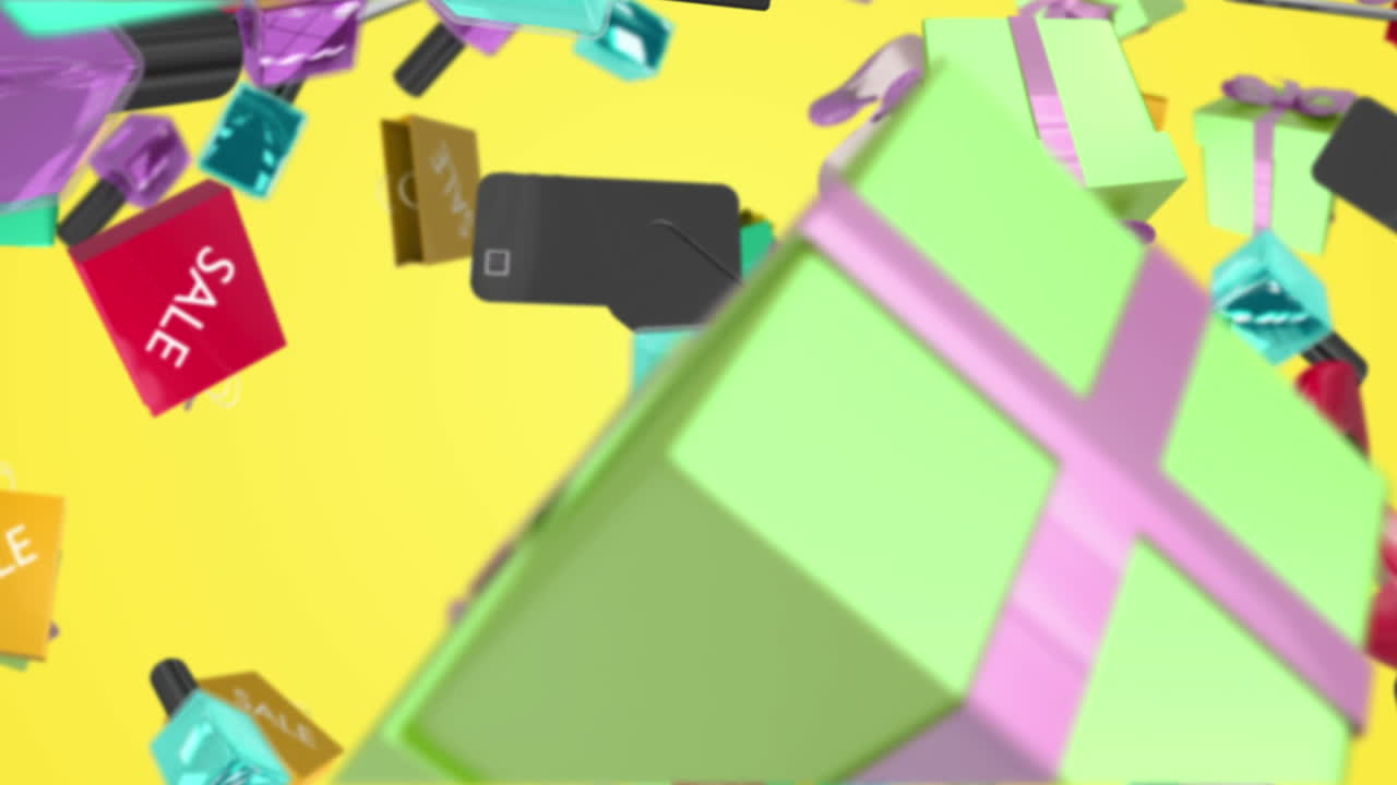 노란색 배경에 떨어지는 쇼핑 물건