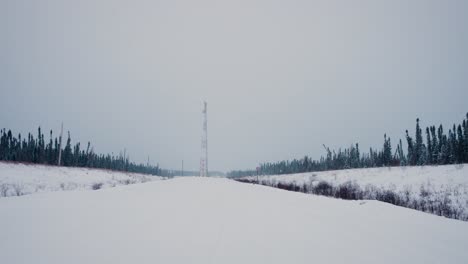 Teleobjetivo-Estático-De-4k-De-La-Antena-De-Radio-De-La-Red-Eléctrica-Al-Final-De-Un-Camino-De-Nieve-Invernal-Entre-Líneas-De-árboles-Forestales