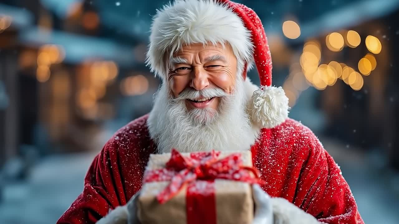 A man dressed as Santa Claus holding a present in his hands