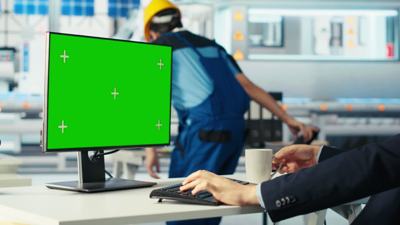 광전자 공장 노동자가 그린 스크린 pc에서 데이터를 분석하고, 메트릭을 검토합니다.