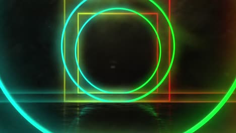 Animation-of-a-tunnel-of-glowing-geometric-circle-and-square-outlines-in-red,-yellow-and-green-movin