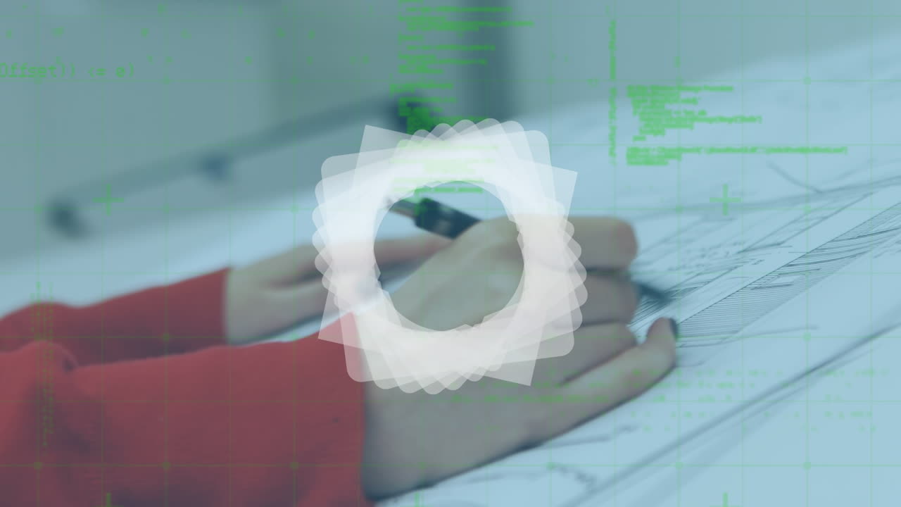 animación de formas blancas y procesamiento de datos sobre dibujo de una mujer de negocios caucásica