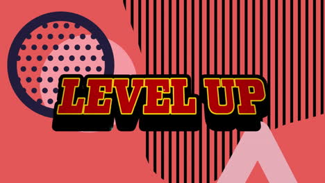 animation of level up text on retro speech bubble over abstract shapes against pink background