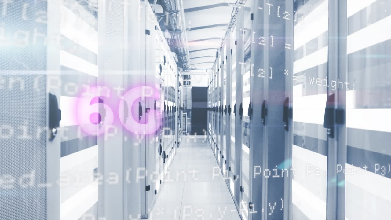 Animation of 6g text banner and data processing against light trails over computer server room