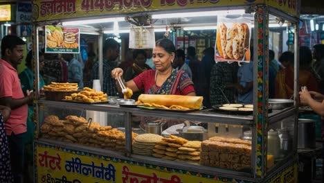 a bustling street food vendor serves delicious snacks and dishes, showcasing a colorful array of fried items and sweets, as customers gather around to enjoy the vibrant atmosphere