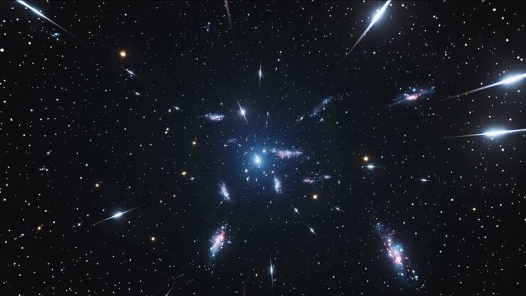 Zooming camera inward over central blue galaxy in deep space on viewpoint shift, showing pink knots