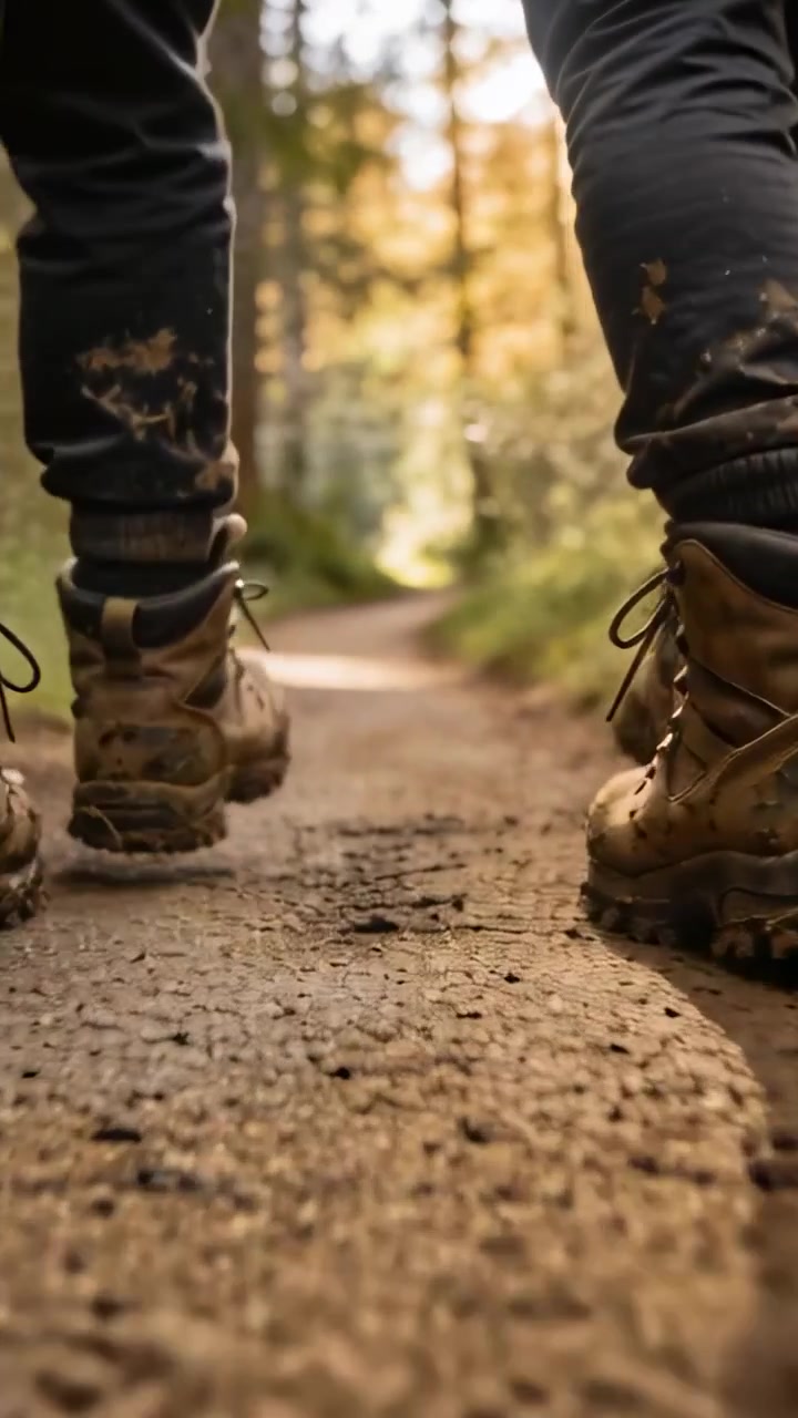 Video verticale: Stivali infangati di due escursionisti che camminano affondando nel sentiero del bosco, seguendo un percorso illuminato dal sole.